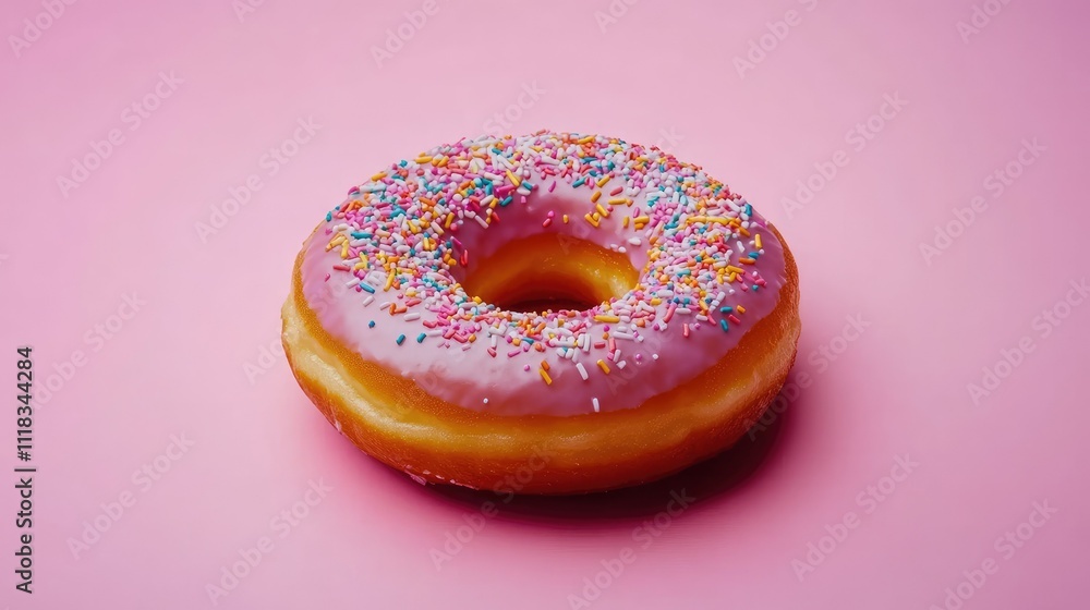 Delicious Pink Frosted Donut with Colorful Sprinkles on Pink Background Delicious Pink Frosted Donut with Colorful Sprinkles on Pink Background