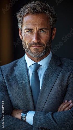 Confident man in a suit with striking blue eyes stands with arms crossed in a well-lit indoor setting