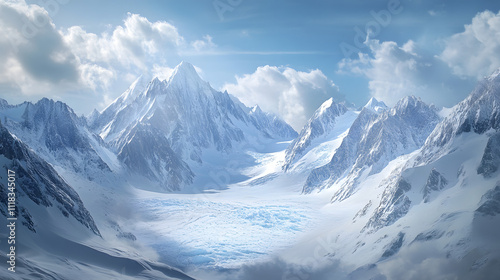 Majestic mountains surround a vast glacier beneath a clear blue sky with fluffy clouds