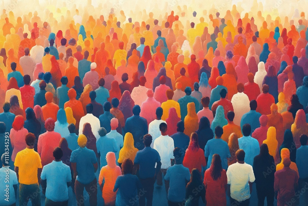 Fototapeta premium Large crowd of diverse people walking together. Silhouettes of individuals in various colors. Community spirit, progress, understanding, unity visualized through crowd. Abstract illustration style