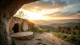 Classic religious scene of an empty tomb with a stone rolled away at sunrise in a hillside setting