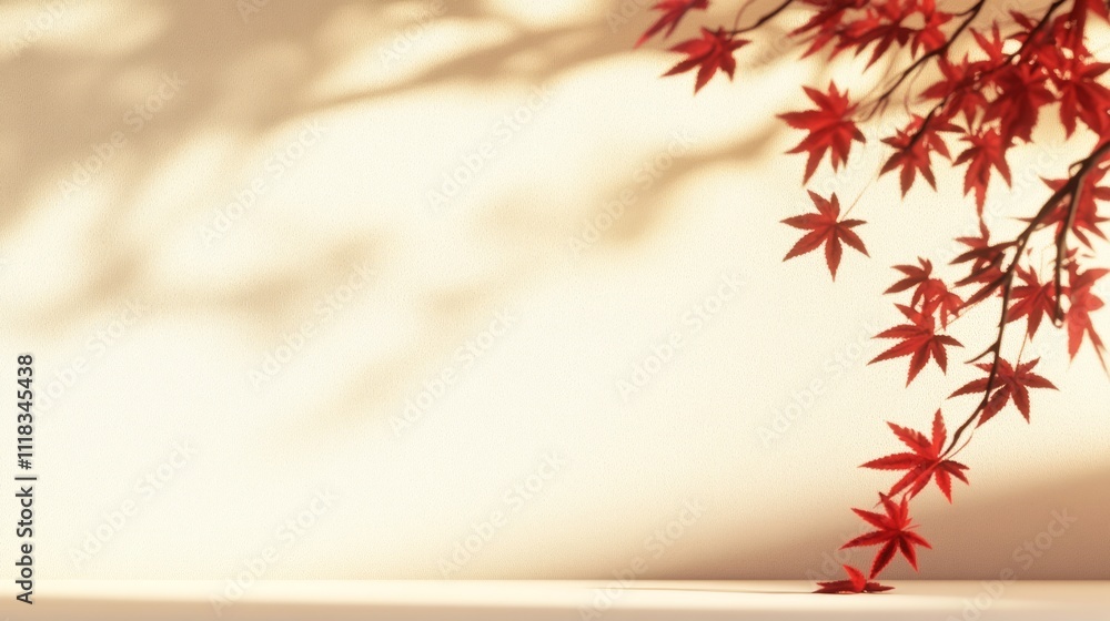 Autumnal scene with red maple leaves casting shadows on a light beige background. Autumnal scene with red maple leaves casting shadows on a light beige background.