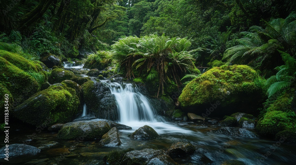 Lush forest stream cascade in tranquil wilderness setting Lush forest stream cascade in tranquil wilderness setting