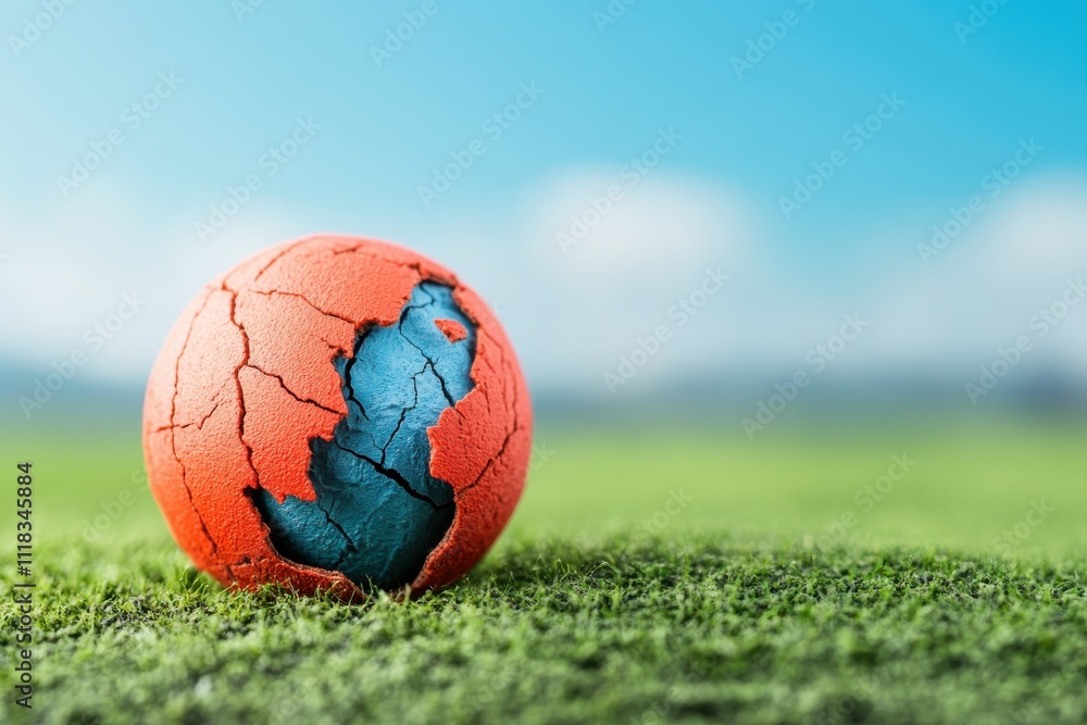 Fototapeta premium A cracked orange ball sits on green grass, symbolizing a blend of sports and environmental themes under a clear blue sky.