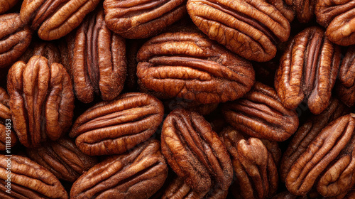 Rich, roasted pecans with deep brown color, showcasing their unique texture and natural shine, perfect for snacking or baking
