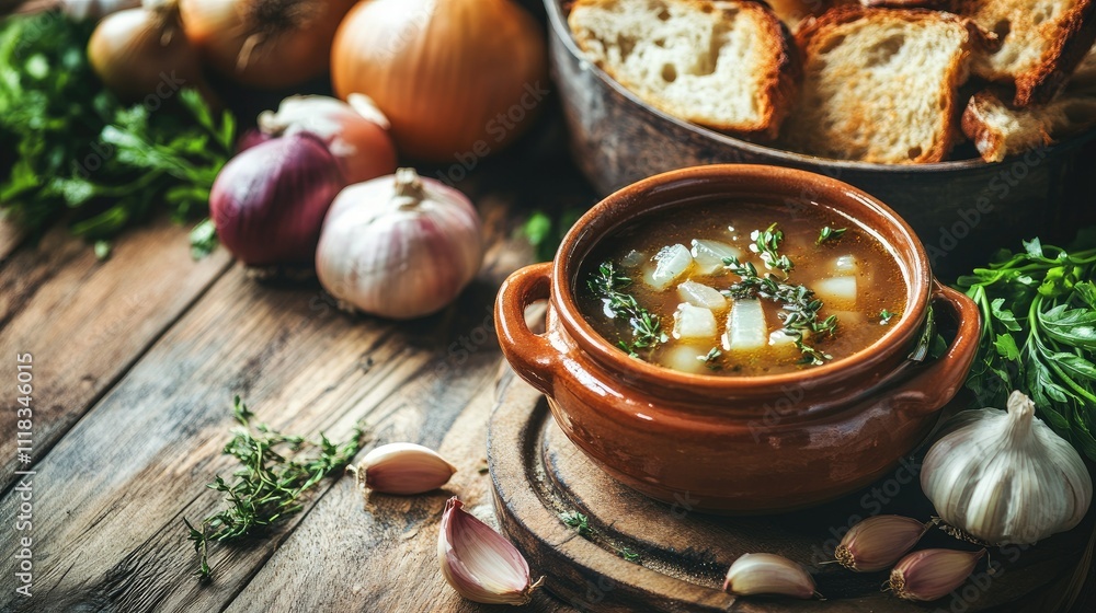 Fresh Homemade Vegetable Soup with Garlic and Bread on Wooden Table Fresh Homemade Vegetable Soup with Garlic and Bread on Wooden Table