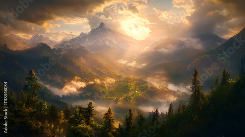 Wallpaper Mural Majestic sunrise over mountains and valleys with misty clouds and natural beauty in a serene landscape Torontodigital.ca