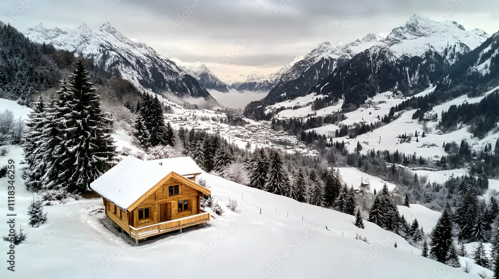 Fototapeta premium A small cabin stands amidst a serene, snow-covered forest, evoking winter tranquility,