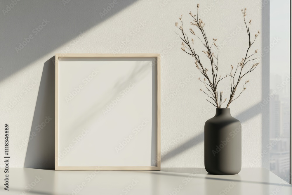 minimalist workspace, modern office with city views features frame mockup displays on a minimalist desk minimalist workspace, modern office with city views features frame mockup displays on a minimalist desk