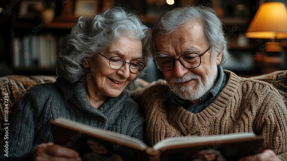 Elderly couple enjoying a cozy evening reading together at home Elderly couple enjoying a cozy evening reading together at home