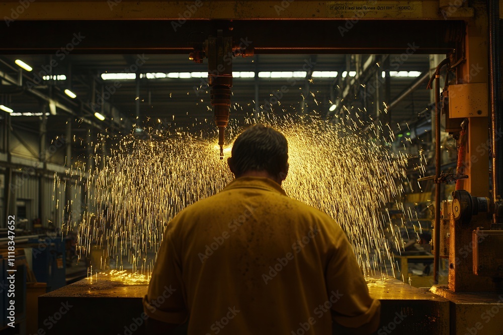 Worker Drilling Metal with Sparks Flying in Factory Worker Drilling Metal with Sparks Flying in Factory