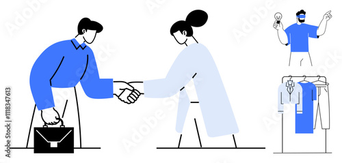 Businesspeople shaking hands, another person holding a light bulb, and business attire on a rack. Ideal for startup culture, team building, innovation, networking, entrepreneurship, professional