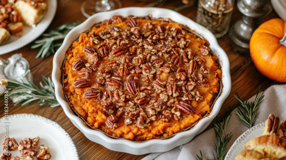 Homemade sweet potato casserole topped with caramelized pecans, perfect for festive gatherings. This dish brings warmth and comfort to any table setting Homemade sweet potato casserole topped with caramelized pecans, perfect for festive gatherings. This dish brings warmth and comfort to any table setting