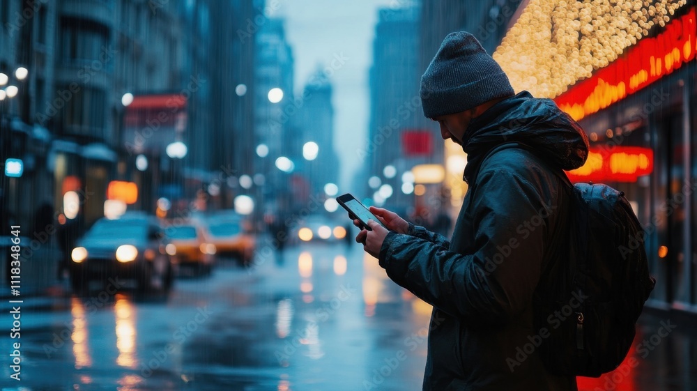 Obraz premium man using smartphone in urban city at night with bokeh lights