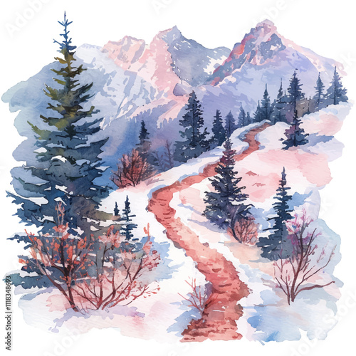 snowy mountain trail vector illustration in watercolor style