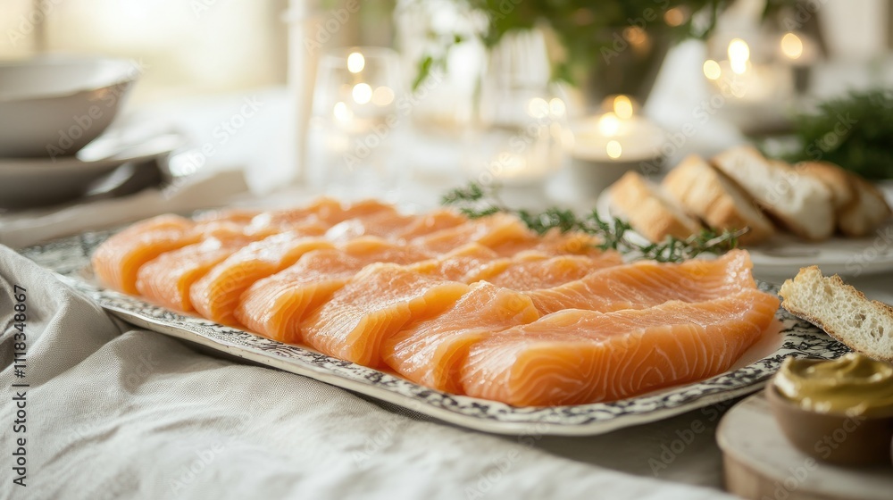 Fresh Salmon Fillet Display on Elegant Table Setting for Dining Experience Fresh Salmon Fillet Display on Elegant Table Setting for Dining Experience
