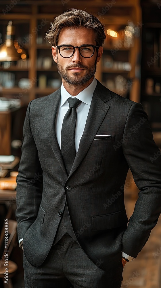 Stylish man in a tailored suit poses confidently inside a modern cafe during an afternoon gathering Stylish man in a tailored suit poses confidently inside a modern cafe during an afternoon gathering