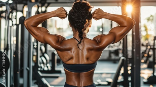 Strong female bodybuilder flexing her back muscles and biceps in a gym, showcasing her powerful physique The of woman with nice working out at the gym photo