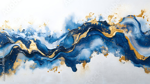 Colorful abstract artwork featuring blue and gold waves flowing seamlessly across a textured white background