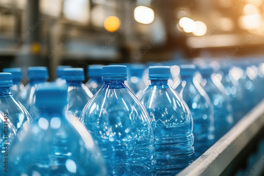 Automated bottling process in a modern industrial factory setting. Automated bottling process in a modern industrial factory setting.
