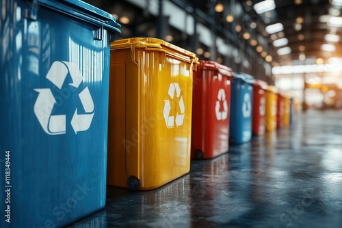 Colorful recycling bins in an industrial setting for waste management and sustainability.