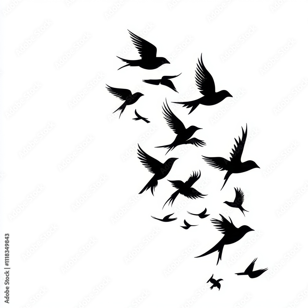 Obraz premium Flock of Birds Silhouette on White Background