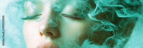 A dreamy close-up captures the ethereal beauty of smoke swirling around calm features.