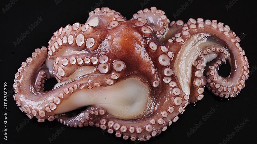 Close-up of a raw octopus on black background. Close-up of a raw octopus on black background.