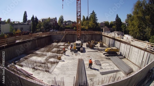 Construction site with workers and equipment during foundation stage.