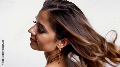 Włosy kobiety na białym tle prezentują się jako dynamiczne i pełne objętości, a lekki uśmiech na twarzy uwydatnia jej czarującą osobowość.