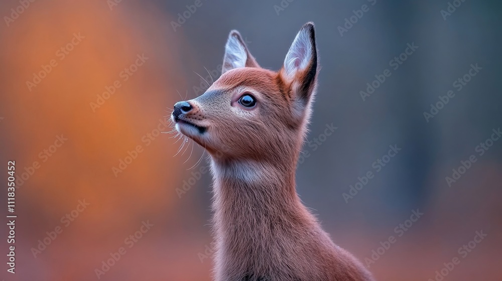 Fototapeta premium Fawn Gazing into the Autumn: A young deer, its fur the color of autumn leaves, looks pensively into the distance against a softly blurred background of warm, earthy tones.