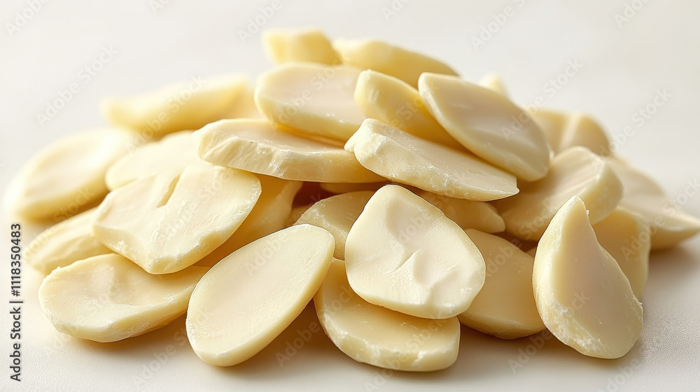 Creamy macadamia nuts piled on white background, showcasing their smooth texture and light color, perfect for culinary uses or healthy snacking Creamy macadamia nuts piled on white background, showcasing their smooth texture and light color, perfect for culinary uses or healthy snacking