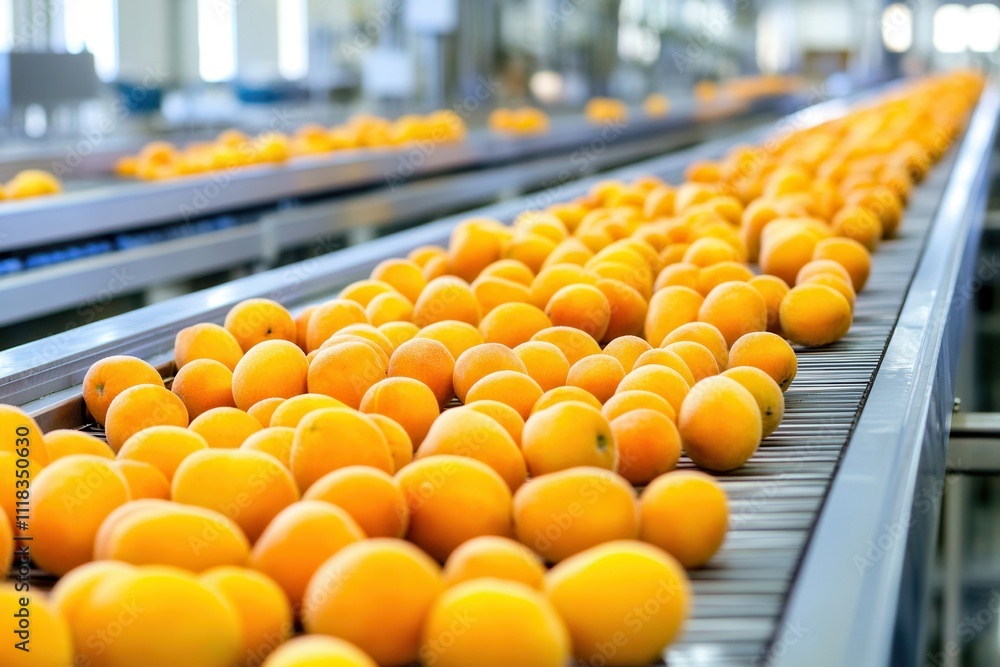 Fototapeta premium Fresh Fruits on Conveyor Belt in Packaging Facility