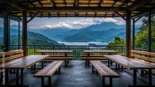 Scenic Mountain View from Wooden Pavilion Overlooking Lake