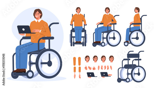 Man with disability in wheelchair. Character constructor for animation. Front and side view set. Body parts, postures, poses collection. Vector illustration.