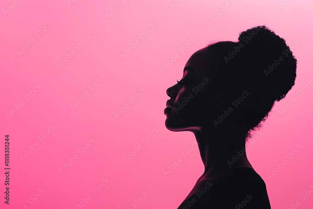 A Captivating Silhouette of a Woman in Profile, Radiating Inner Peace, Against a Vibrant Pink Background A Captivating Silhouette of a Woman in Profile, Radiating Inner Peace, Against a Vibrant Pink Background