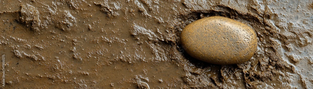 A close-up of a smooth stone nestled in wet, textured mud, showcasing natural elements and earthy tones. A close-up of a smooth stone nestled in wet, textured mud, showcasing natural elements and earthy tones.