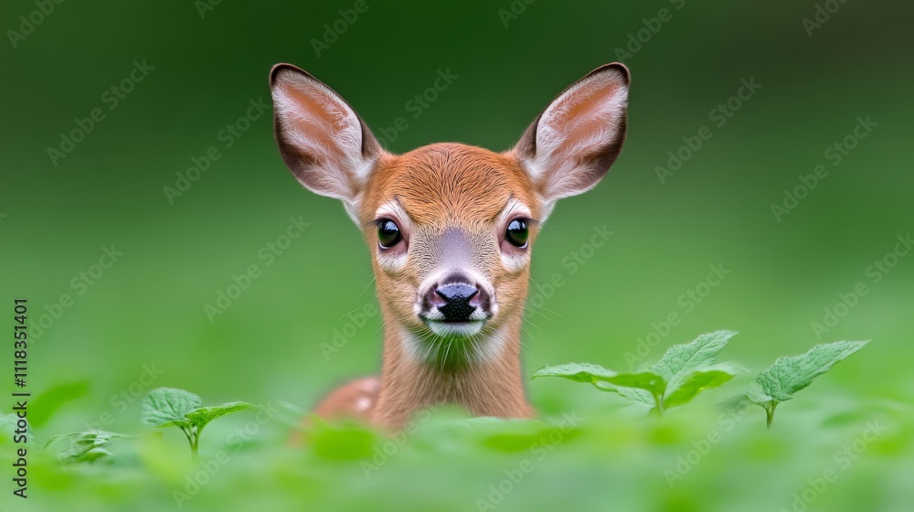 Fawn in the Foliage: A young deer with big brown eyes peeks out from lush green foliage, creating a captivating image of innocence and wonder. Fawn in the Foliage: A young deer with big brown eyes peeks out from lush green foliage, creating a captivating image of innocence and wonder.