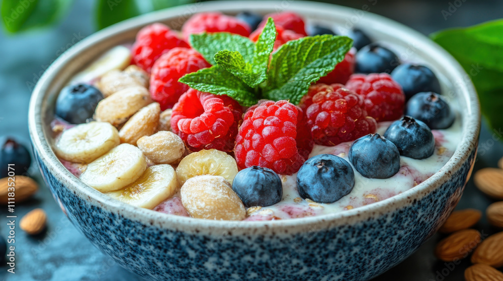 vibrant bowl of yogurt topped with fresh raspberries, blueberries, banana slices, and nuts, garnished with mint leaves, perfect for healthy breakfast vibrant bowl of yogurt topped with fresh raspberries, blueberries, banana slices, and nuts, garnished with mint leaves, perfect for healthy breakfast