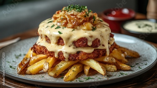 Mouthwatering Chicken Stack with Creamy Sauce and Crispy Fries