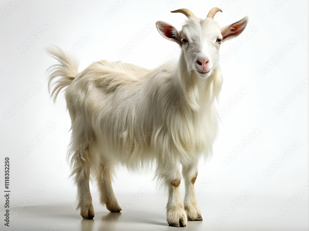 A fluffy white goat stands gracefully against a plain background, showcasing its distinctive features and playful demeanor. A fluffy white goat stands gracefully against a plain background, showcasing its distinctive features and playful demeanor.