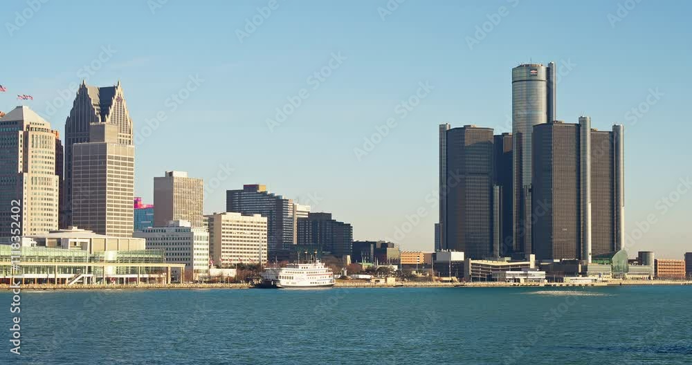 Detroit, Michigan - 2024/12/3 : Detroit Riverfront Buildings From Across River Possible Demolition. Detroit, Michigan - 2024/12/3 : Detroit Riverfront Buildings From Across River Possible Demolition.