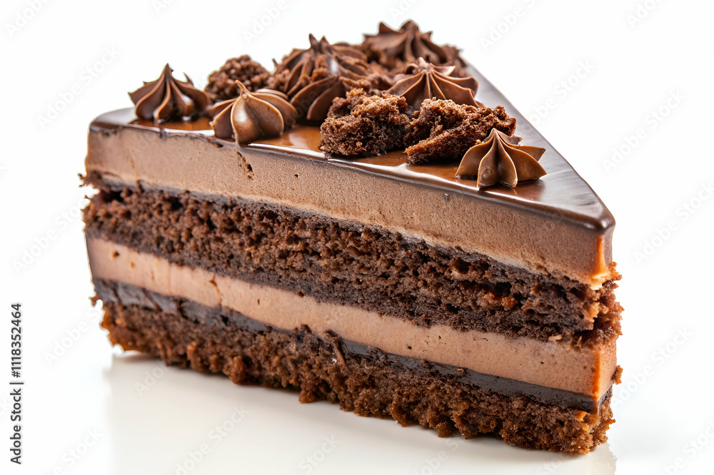 A rich chocolate cake slice layered with creamy frosting and topped with decorative chocolate curls. A rich chocolate cake slice layered with creamy frosting and topped with decorative chocolate curls.