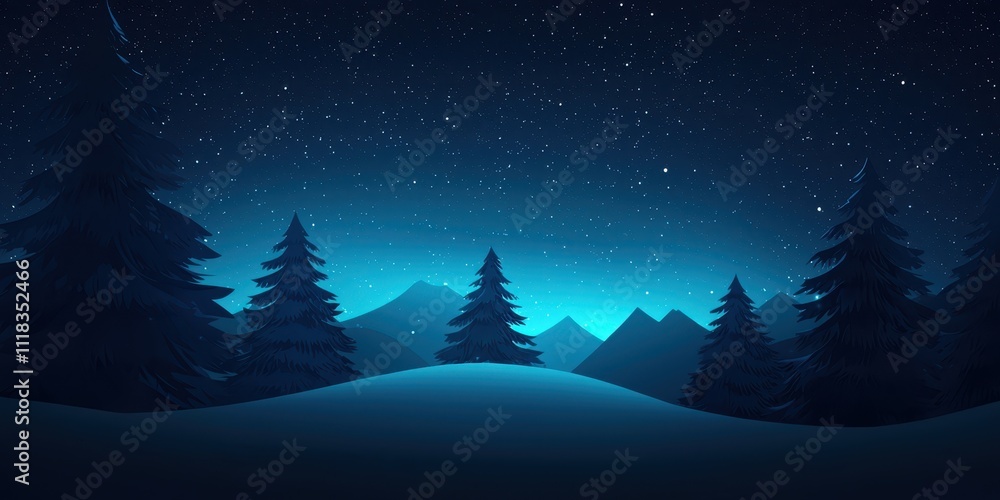 Fototapeta premium Winter night landscape with snow-covered hills and evergreen trees under starry sky
