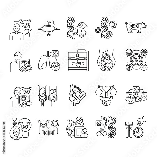 Genetically modified organs for transplantation black line icons set.