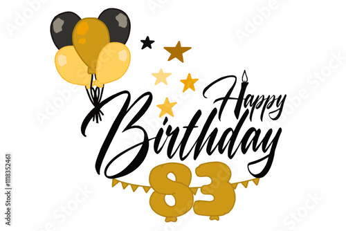 A vector design featuring calligraphic "Happy Birthday" text with golden balloons, including a large balloon shaped as the number 83, creating an elegant and celebratory theme