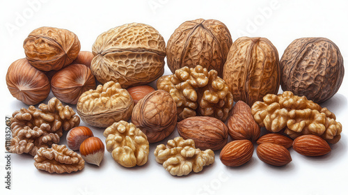 Nuts composition featuring various types of nuts including walnuts, hazelnuts, almonds, and pecans, beautifully arranged on white background