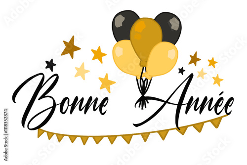 A vector design featuring "bonne année" French text  styled as colorful inflatable balloons, creating a festive and vibrant celebration theme 