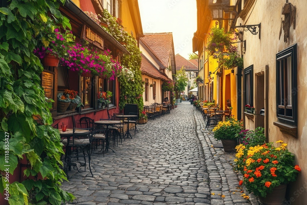 Charming european street with colorful buildings and flowering plants at sunset. Charming european street with colorful buildings and flowering plants at sunset.