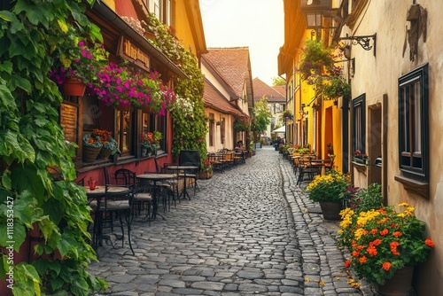 Charming european street with colorful buildings and flowering plants at sunset.